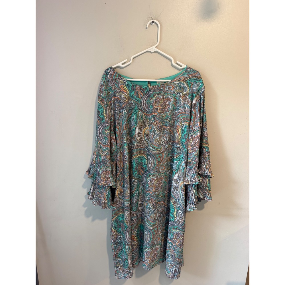 Cato 1946 Womens Plus Size 26/28W Teal Paisley Tiered Bell Sleeve Shift Dress